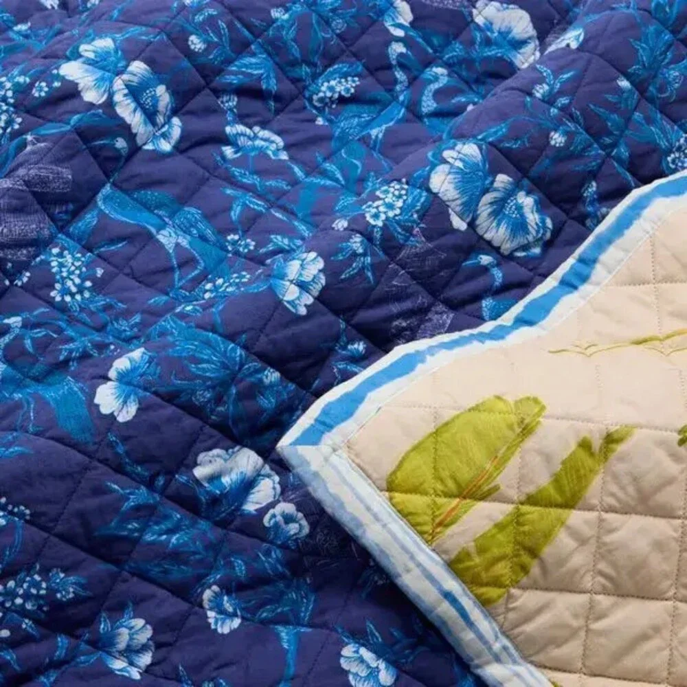 Coniglio Palm Beach Bird of Paradise Faded Banana Reversible Quilt Cranes Indigo
